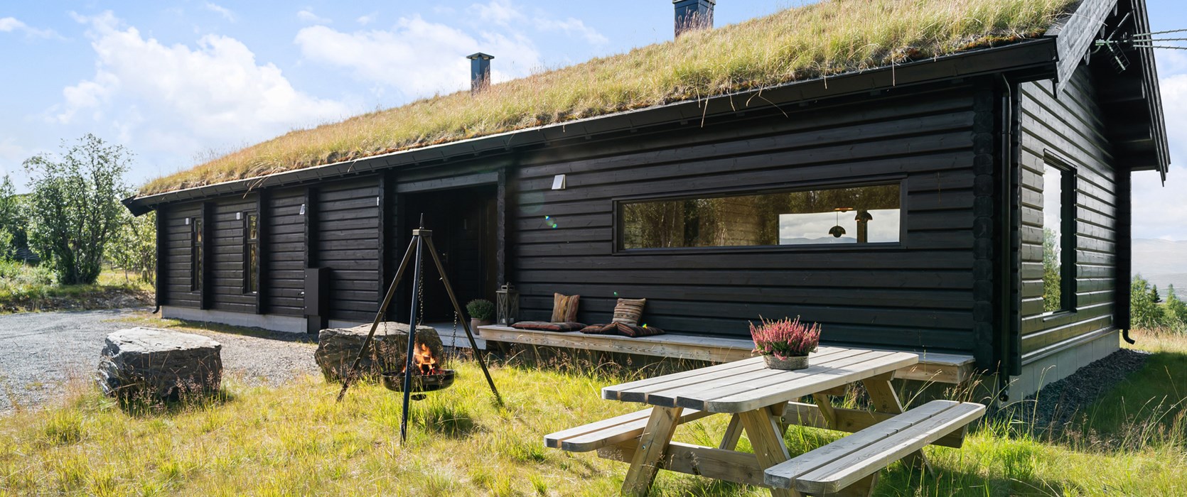 Moderne tømmerhytte med skandinavisk interiør